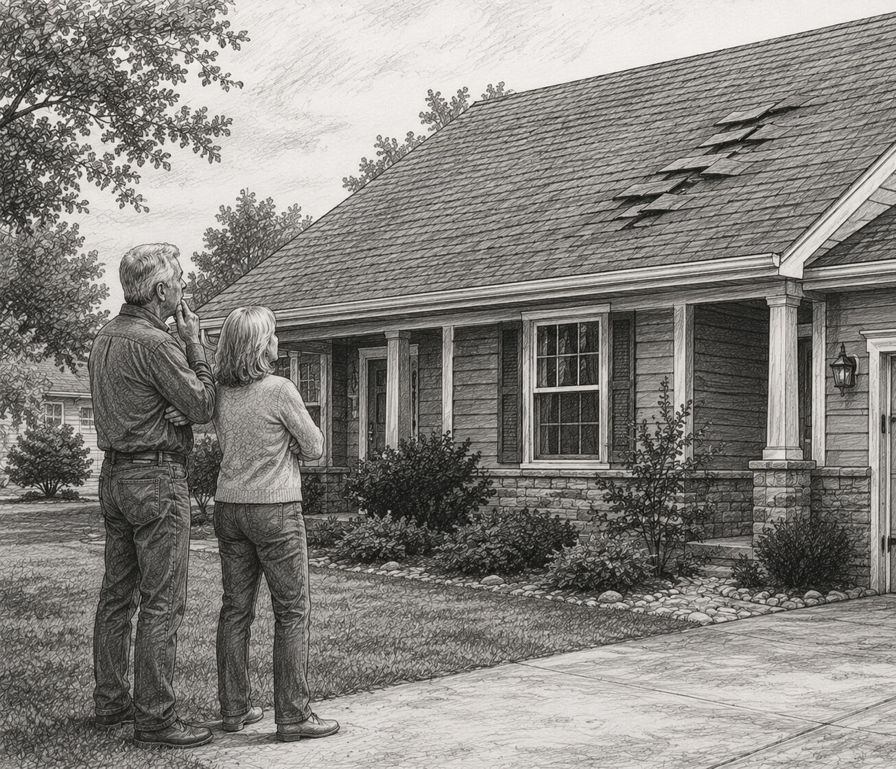 Home Needs Repair Homeowners inspecting and considering a home repair project
